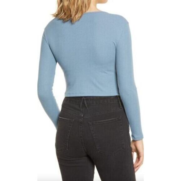 BP. Women's Button Front Long Sleeve Crop Top in Blue Mirage Medium MSRP $35 - Picture 3 of 4